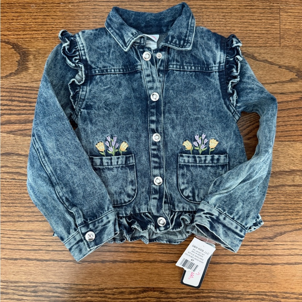 Little Lass Faded Blue Denim Jacket with Pocket Floral Embroidery